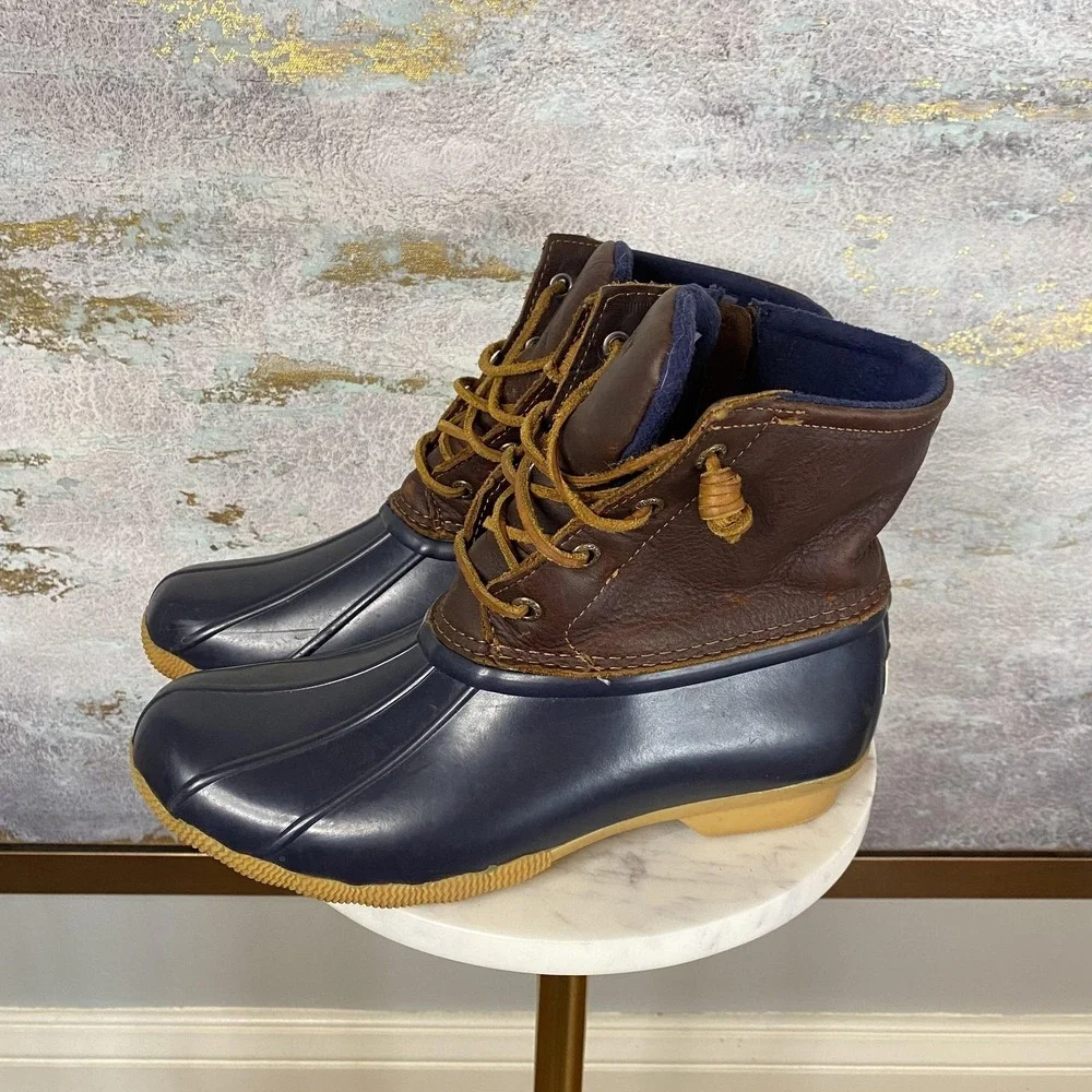 Sperry Boots Womens Size 8 Blue Brown Leather Duck Rain Ankle Zip STS91175